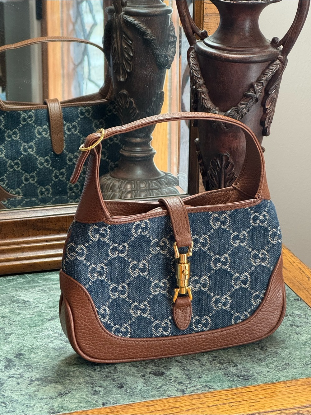 Gucci Jackie 1961 Denim GG Bag with Brown Leather Trim